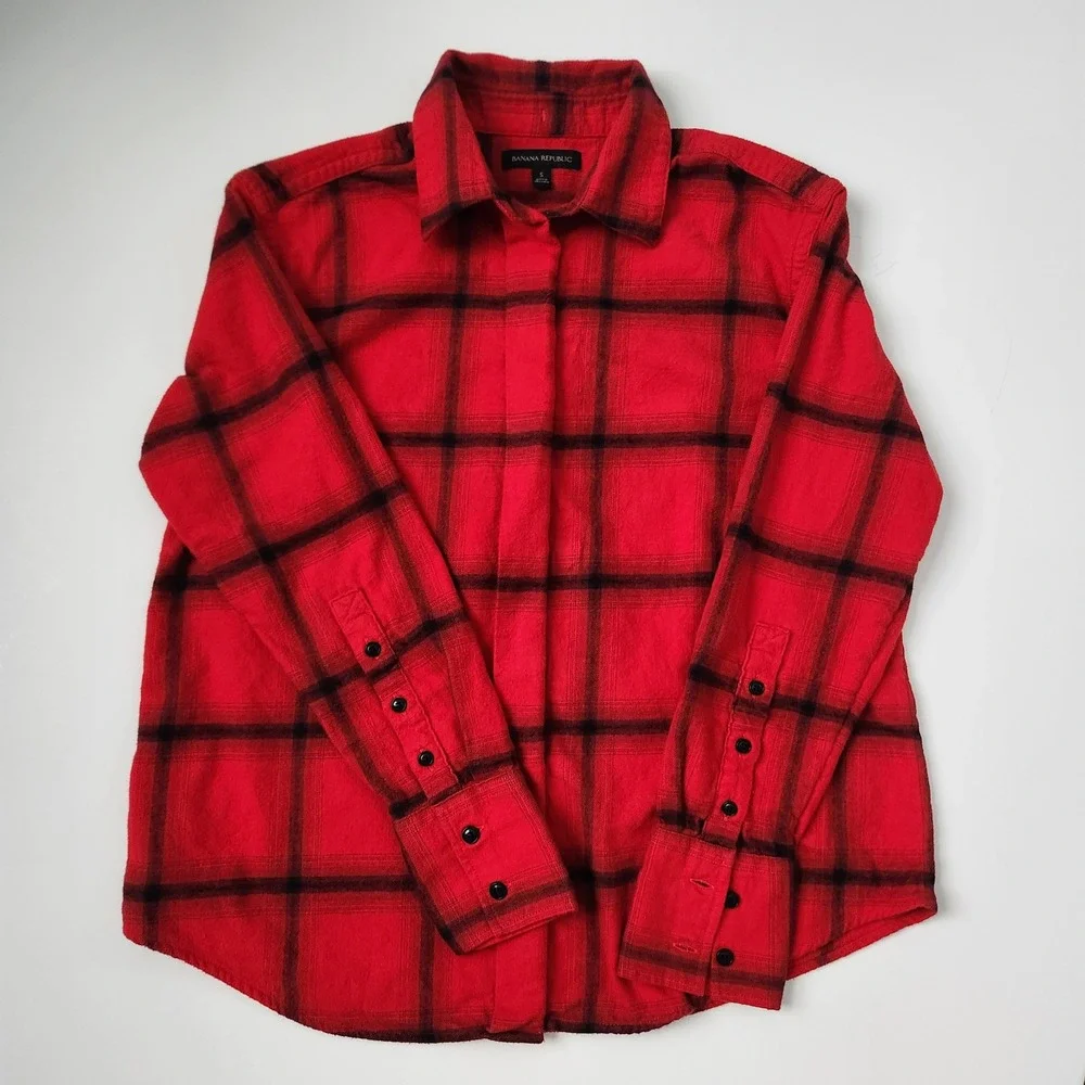 Banana Republic Mens Red Black‎ Plaid Flannel Button Up Shirt Size S